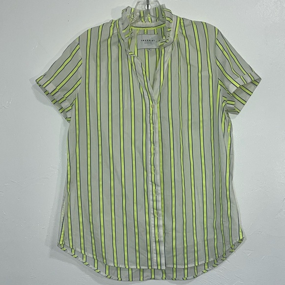 Rochelle Behrens The Shirt Short Sleeve Ruffled Collar Fluorescent Stripe Top - Picture 4 of 12